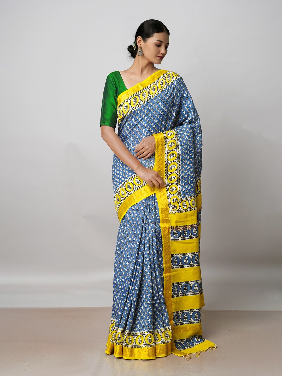 

Unnati Silks Paisley Printed Zari Pure Silk Chanderi Saree, Blue