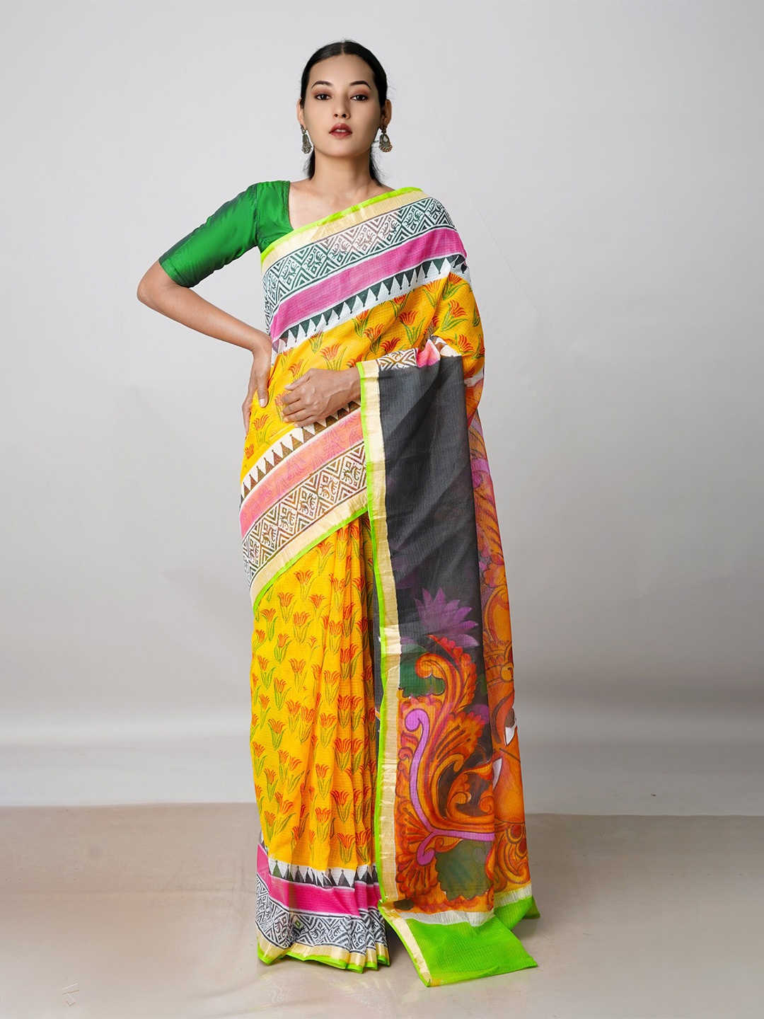 

Unnati Silks Ethnic Motifs Printed Zari Pure Cotton Kota Saree, Yellow