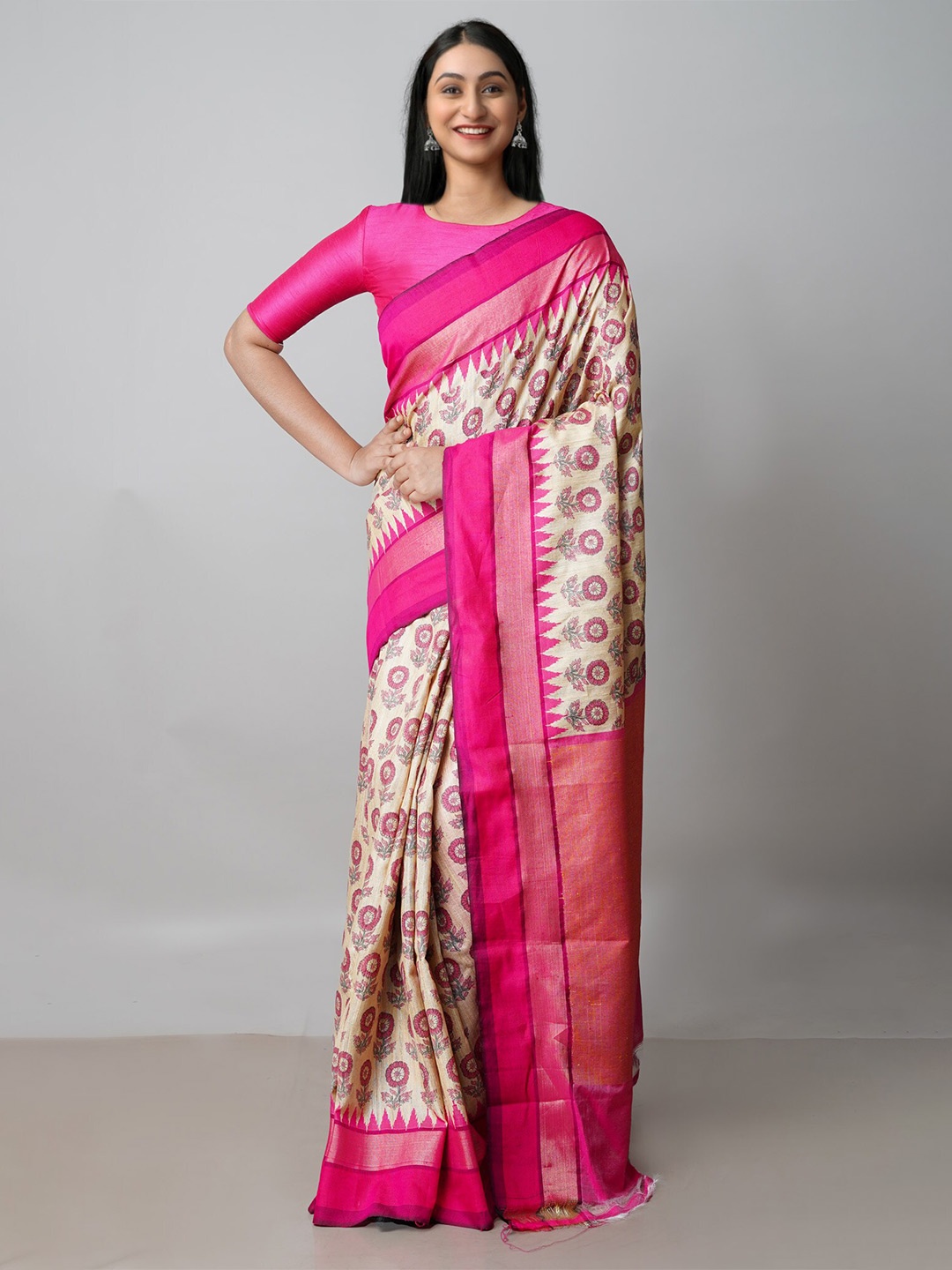 

Unnati Silks Floral Printed Zari Jute Silk Tussar Saree, Beige