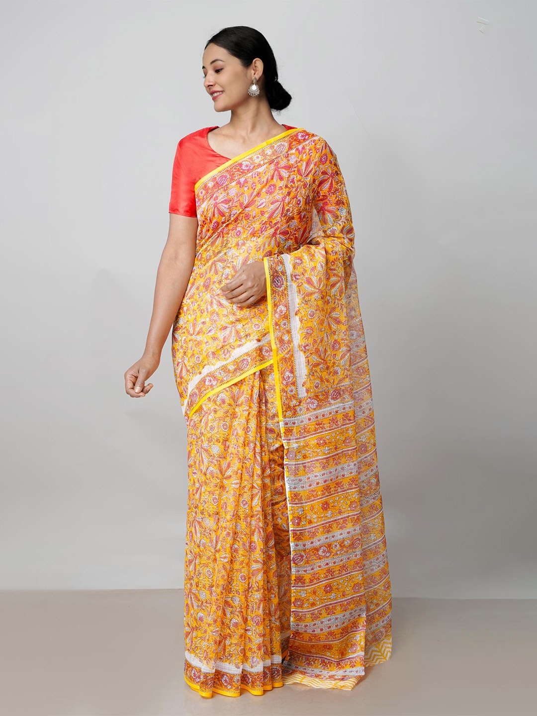 

Unnati Silks Floral Printed Pure Cotton Kota Saree, Yellow