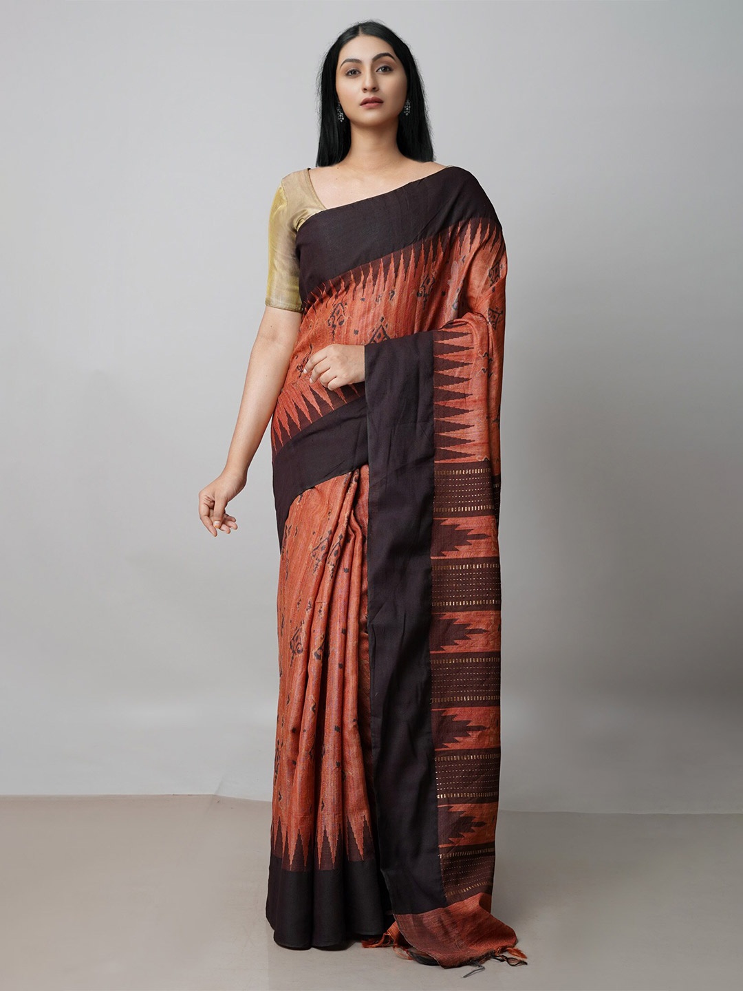

Unnati Silks Kalamkari Jute Silk Tussar Saree, Brown