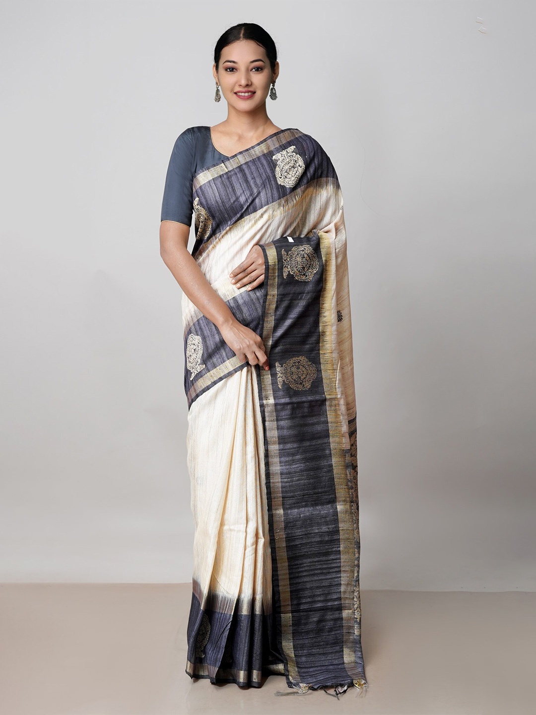 

Unnati Silks Ethnic Motifs Jute Silk Handloom Tussar Saree, Cream