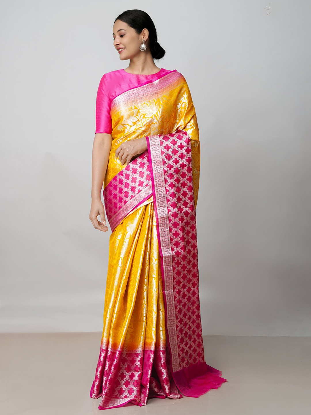 

Unnati Silks Woven Design Zari Silk Blend Banarasi Saree, Yellow