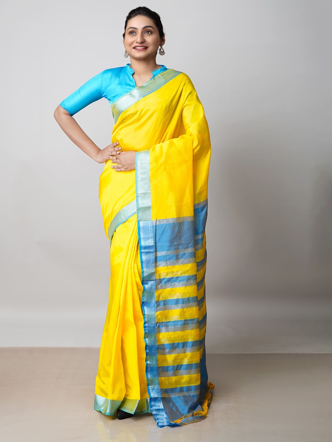 

Unnati Silks Yellow & Blue Pure Silk Mangalagiri Saree