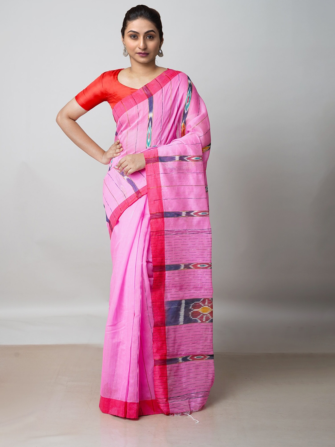 

Unnati Silks Striped Sambalpuri Cotton Silk Saree, Pink