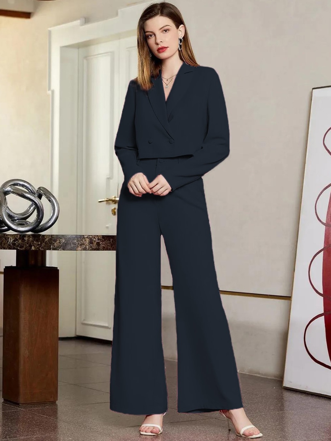 

KOTTY BIZwear Crop Blazer With Trouser Co-Ords, Navy blue