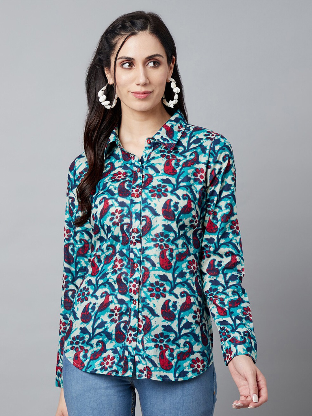 

AKS Ethnic Motifs Printed Spread Collar Cotton Casual Shirt, Navy blue