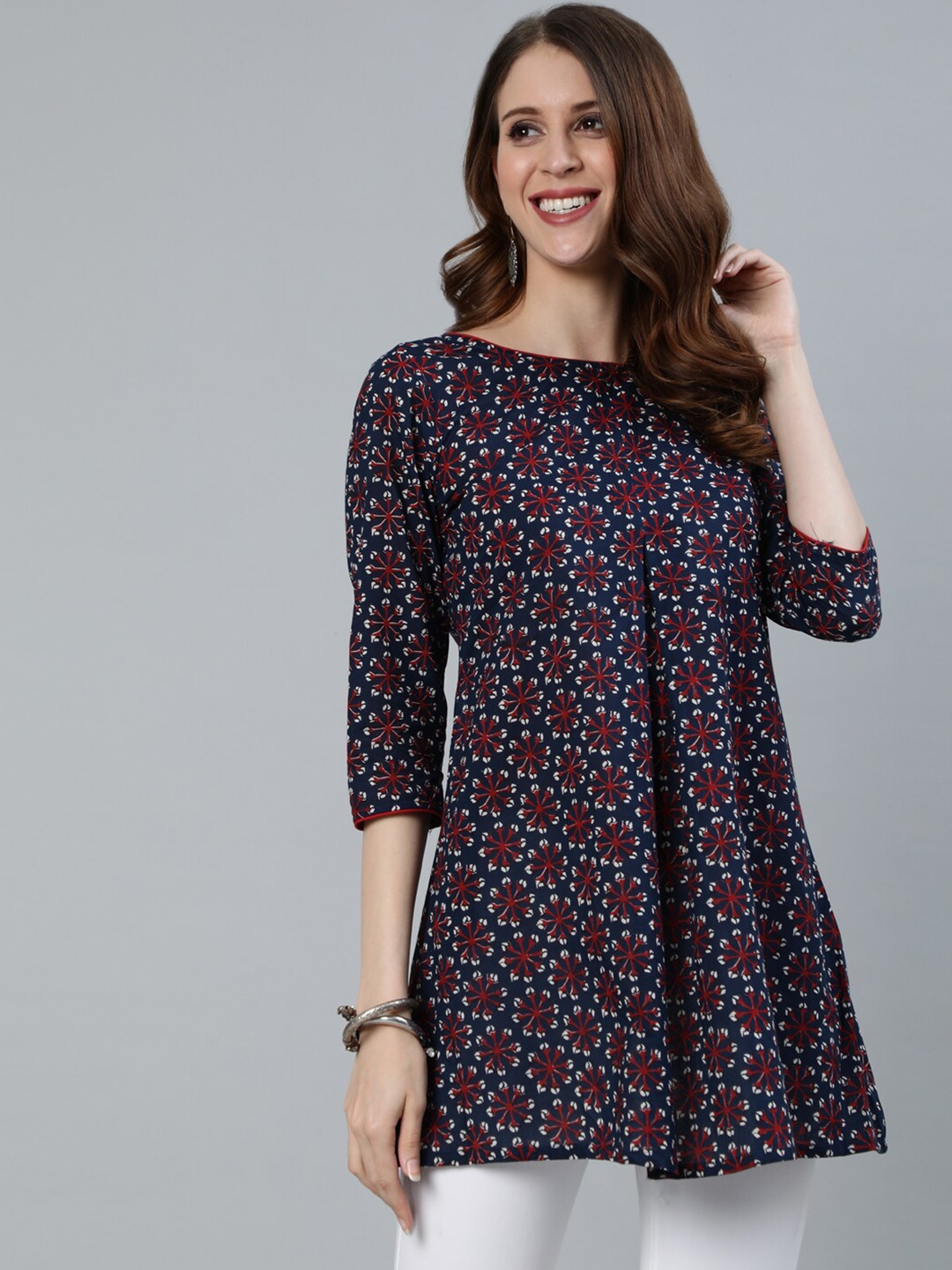 

AKS Floral Printed Cotton Tunic, Navy blue