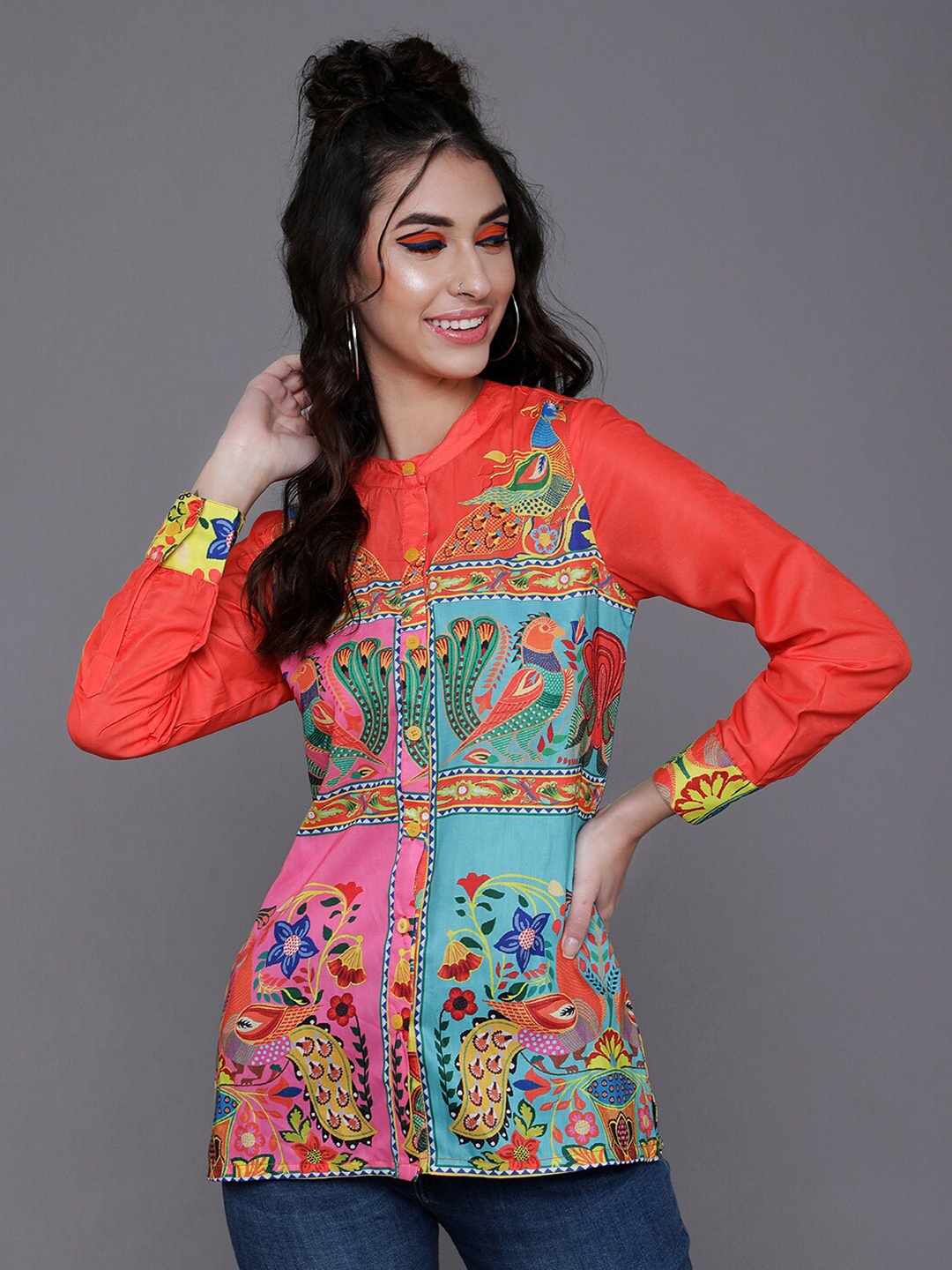 

AKS Ethnic Motifs Printed Mandarin Collar Casual Shirt, Orange