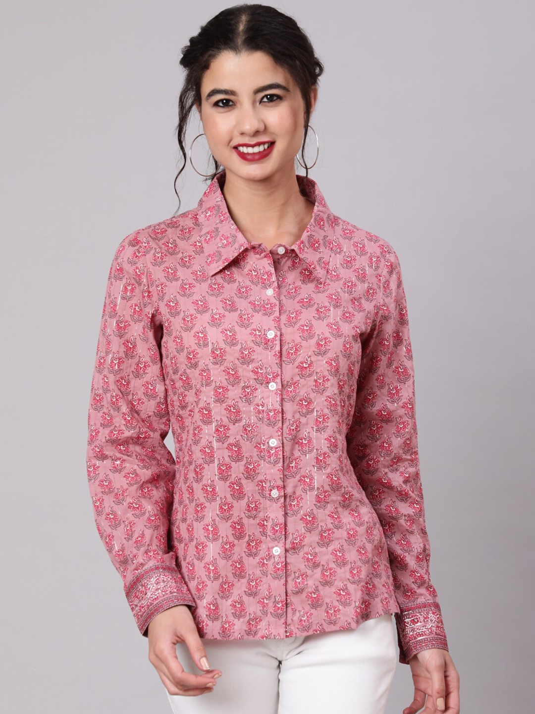 

AKS Ethnic Motifs Printed Spread Collar Cotton Casual Shirt, Pink