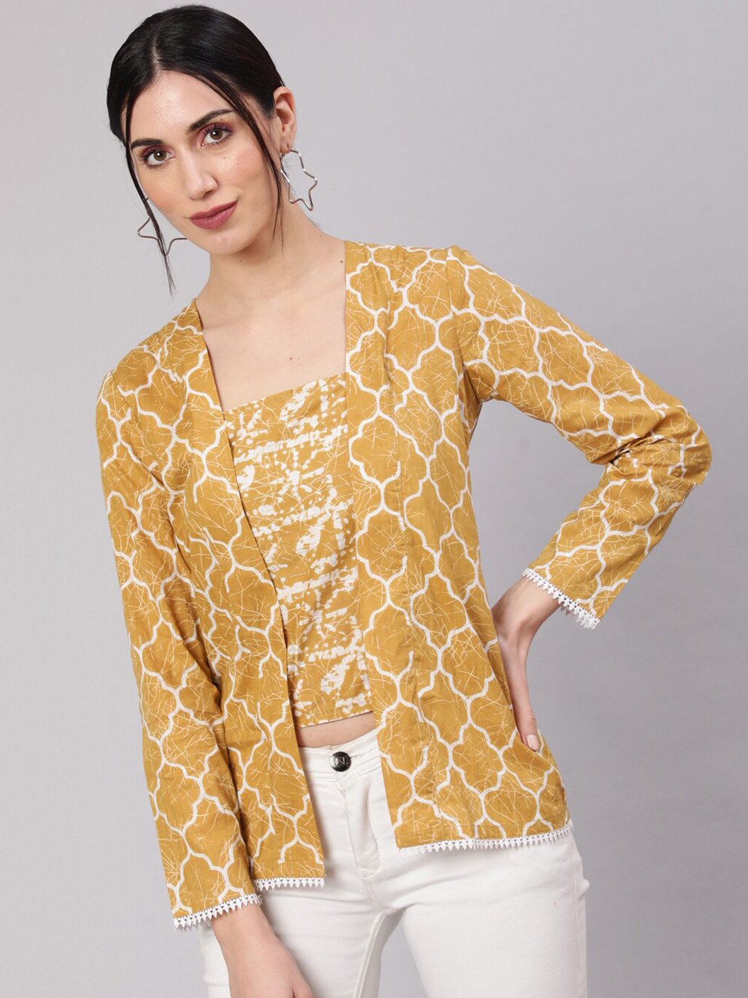 

AKS Geometric Printed Square Neck Long Sleeve Pure Cotton Regular Top, Mustard