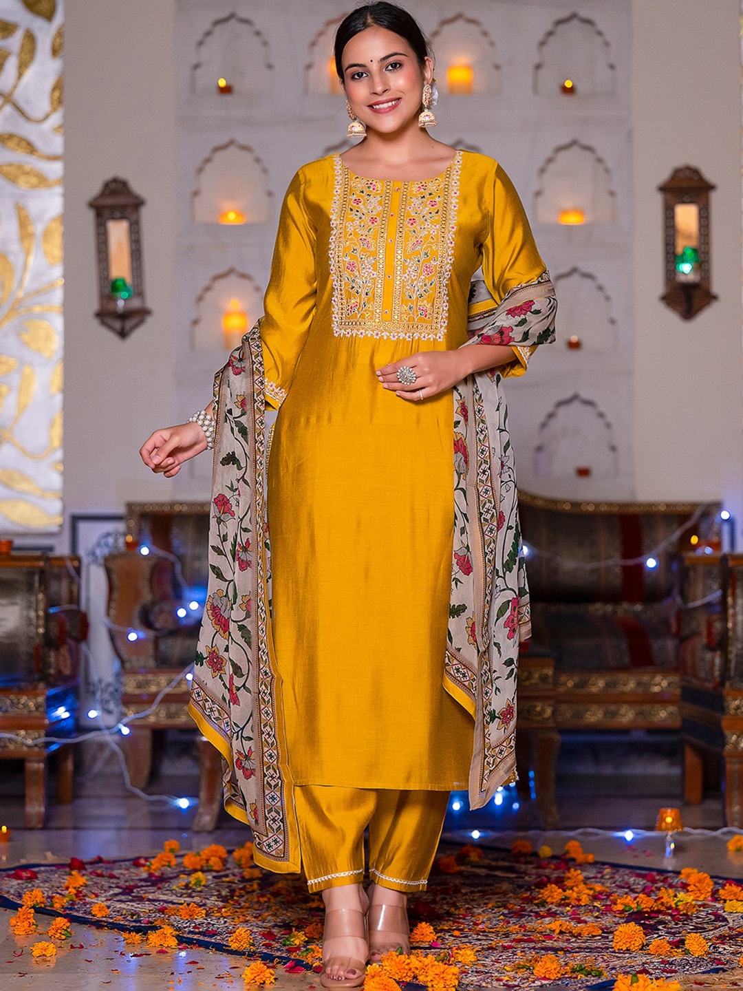 

PRATAP SONS Floral Embroidered Thread Work Kurta with Salwar & Dupatta, Mustard