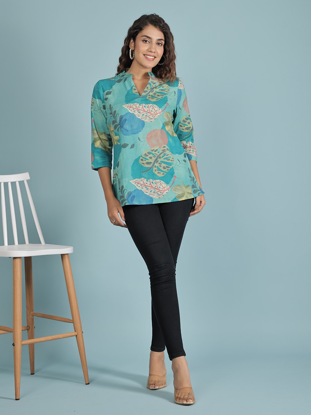 

PRATAP SONS Floral Print Mandarin Collar Cotton Top, Blue