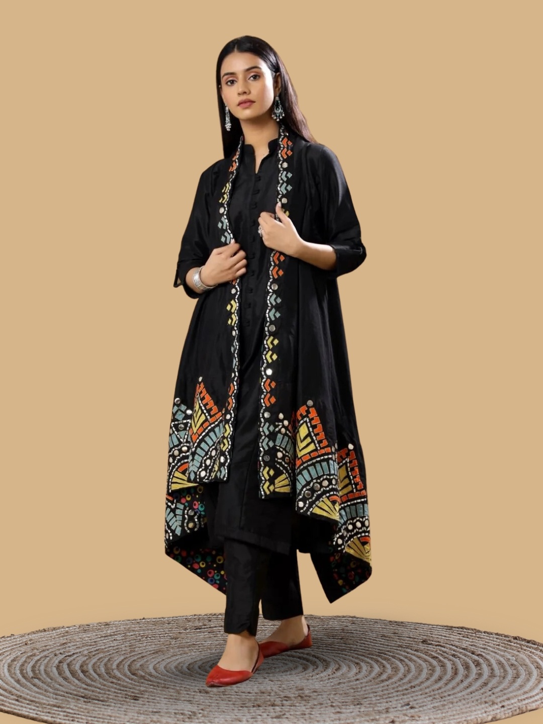 

PRATAP SONS Mirror Work Raw Silk Kurta With Trousers & Jacket, Black