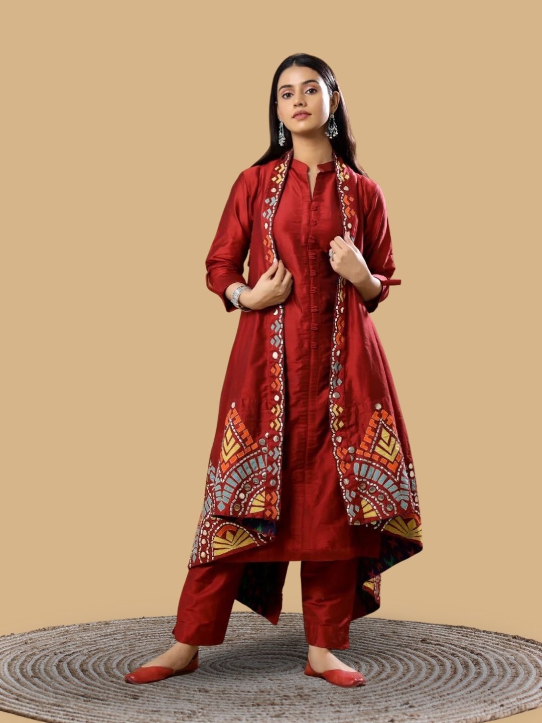 

PRATAP SONS Mirror Work Raw Silk Kurta With Trousers & Jacket, Maroon