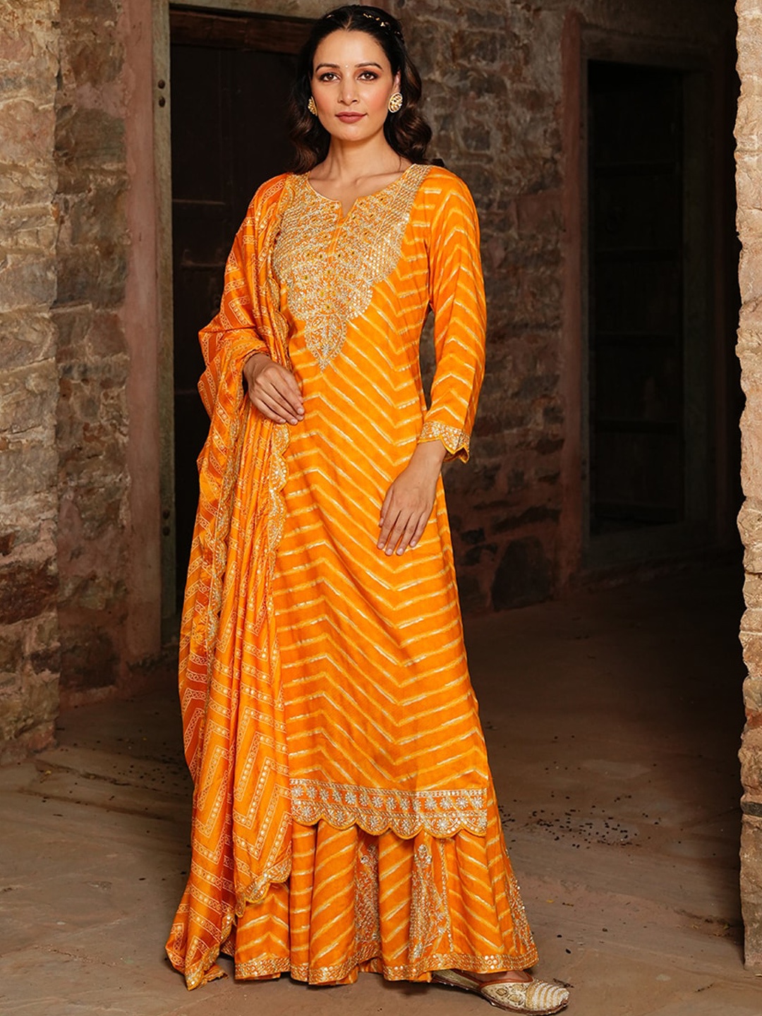 

PRATAP SONS Leheriya Printed Thread Work Kurta With Sharara & Dupatta, Yellow