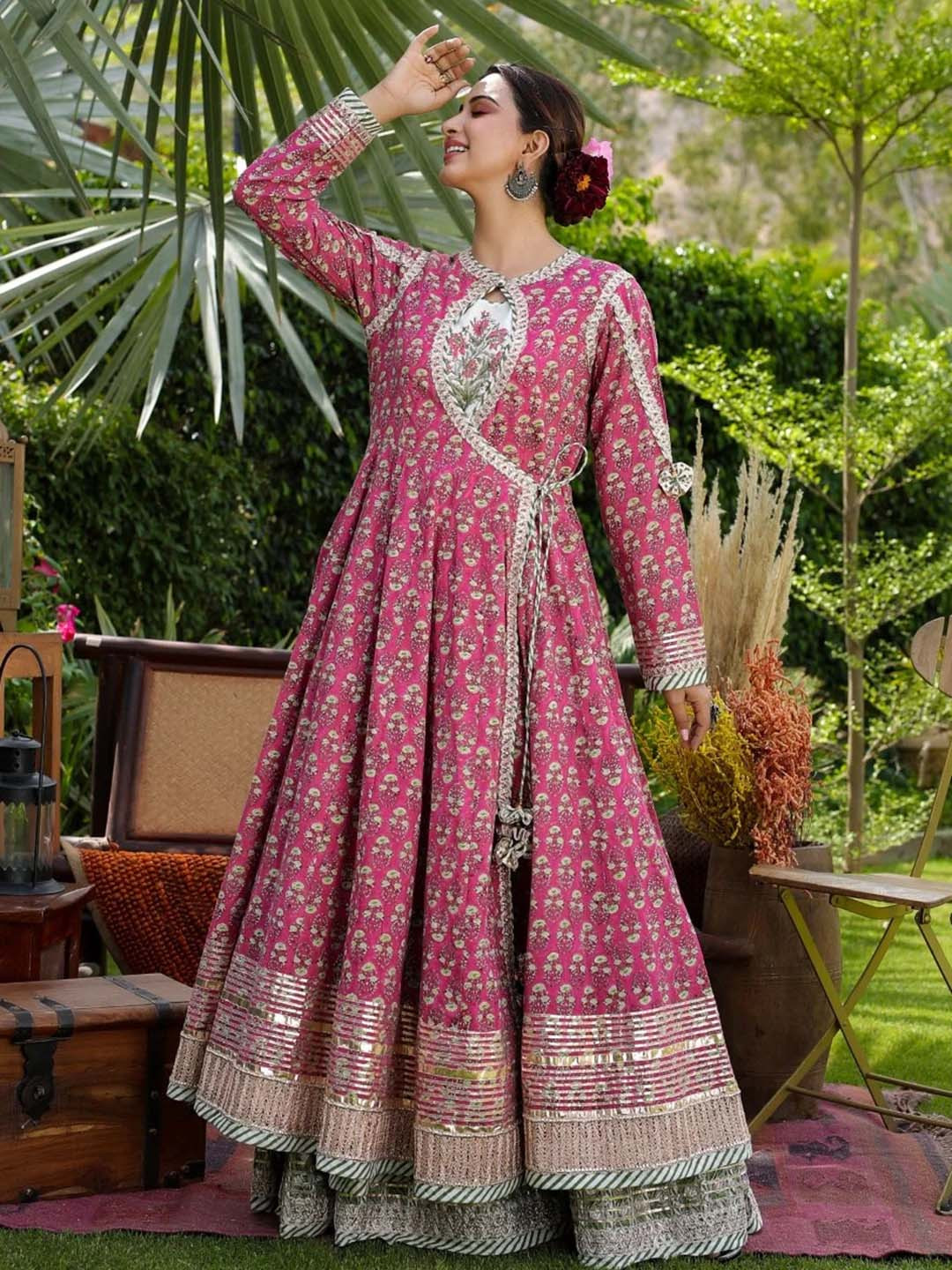 

PRATAP SONS Ethnic Motifs Printed Round Neck Angrakha Maxi Ethnic Dress, Pink