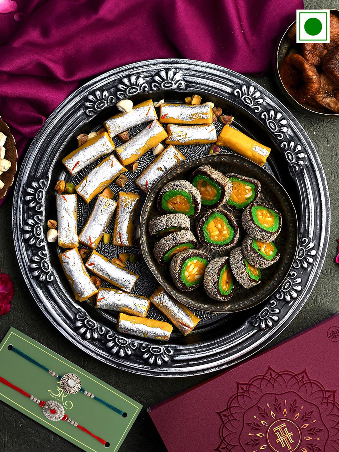 

RawFruit Set Of 2 Beaded Rakhi With Sweet Savoury Set, Blue