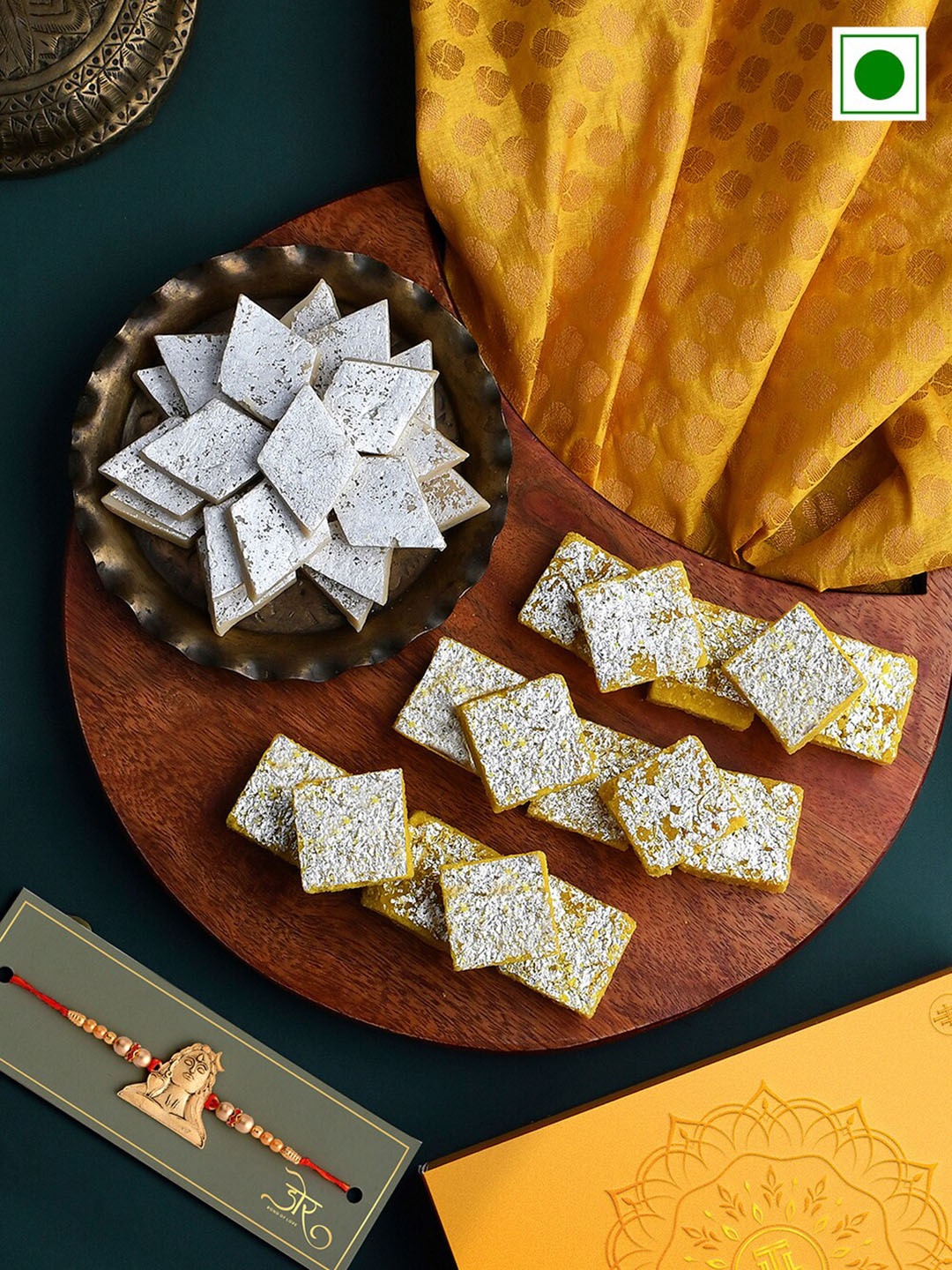 

RawFruit Beaded Rakhis With Roli Chawal & Sweets Gift Set, Gold