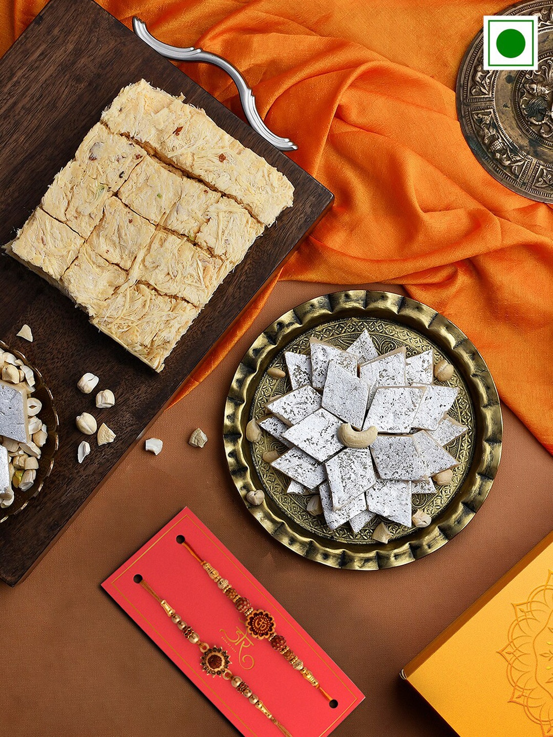 

RawFruit Set of 2 Beaded Rakhis With Soan & Kaju Katli Sweets, Gold