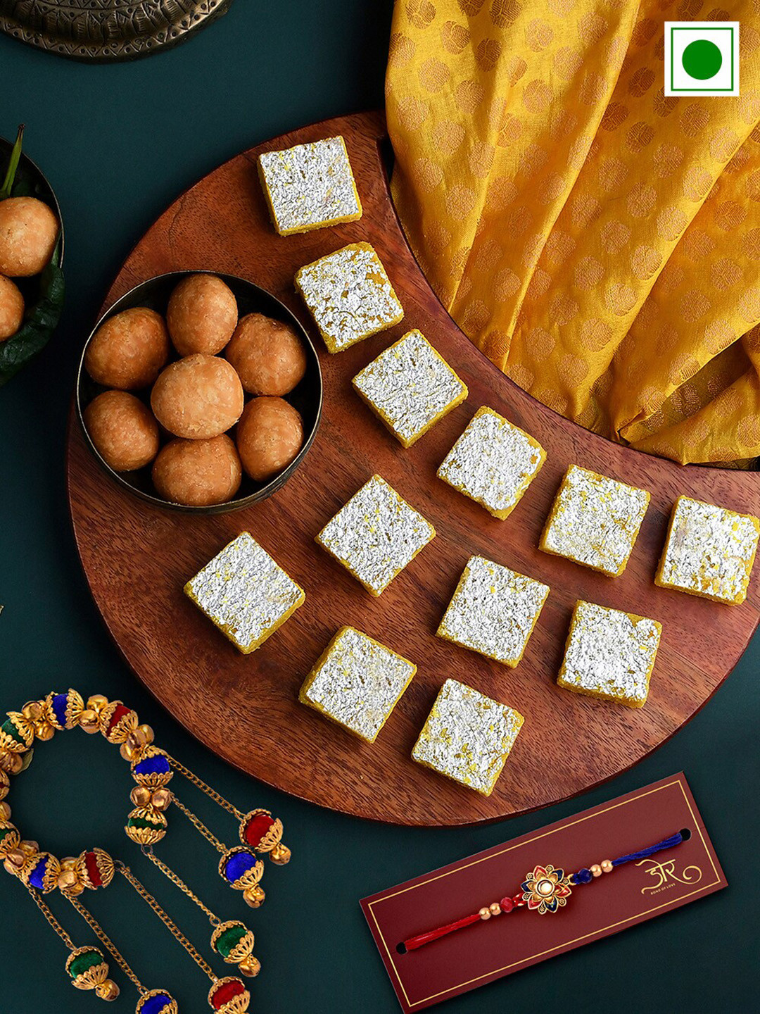 

RawFruit Set Of 2 Stone Studded & Beaded Rakhis With Sweets Savoury Gift Set, Gold