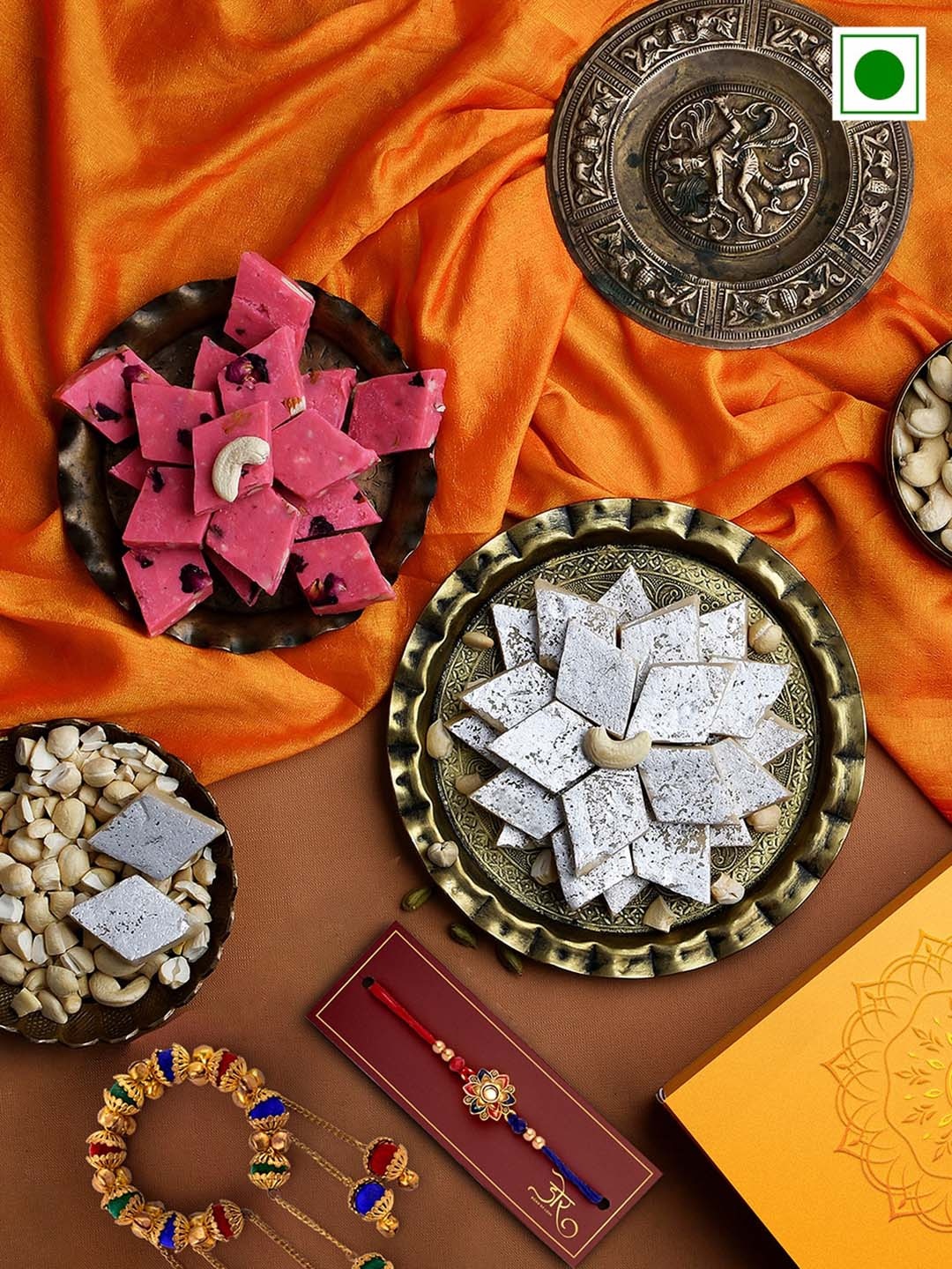 

RawFruit Set Of 2 Bhai Bhabhi Rakhis With Roli Chawal, Rose & Kaju Sweets Set-200 gms Each, Gold