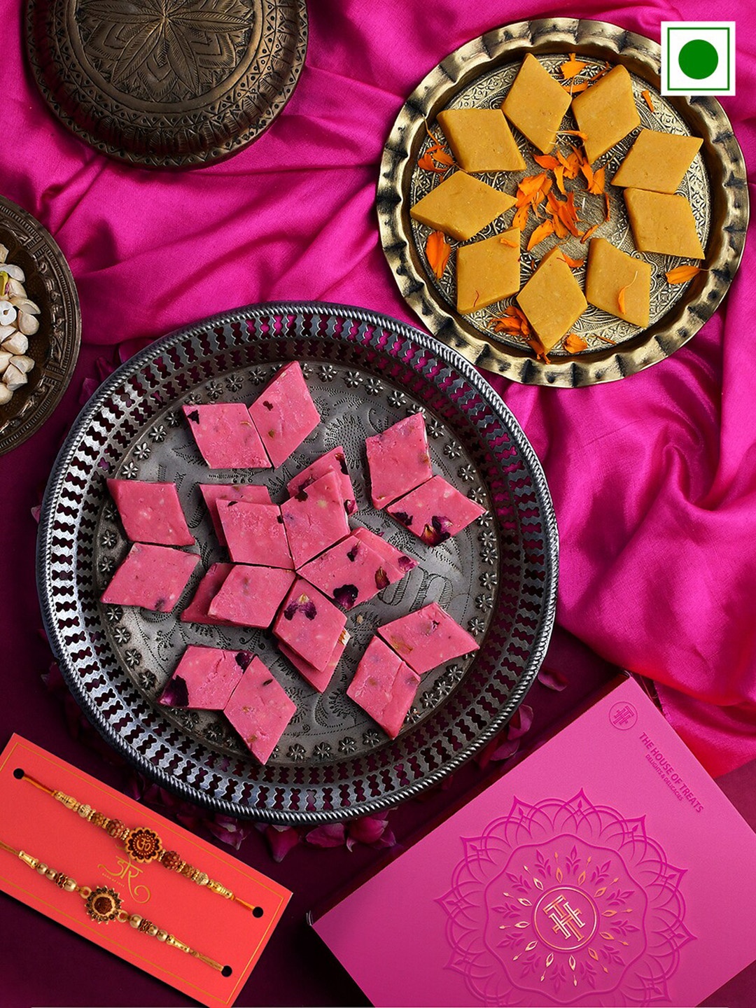 

RawFruit Set Of 5 Rudraksh Charm Rakhi With Roses & Kesar Sweet Gift Pack, Pink