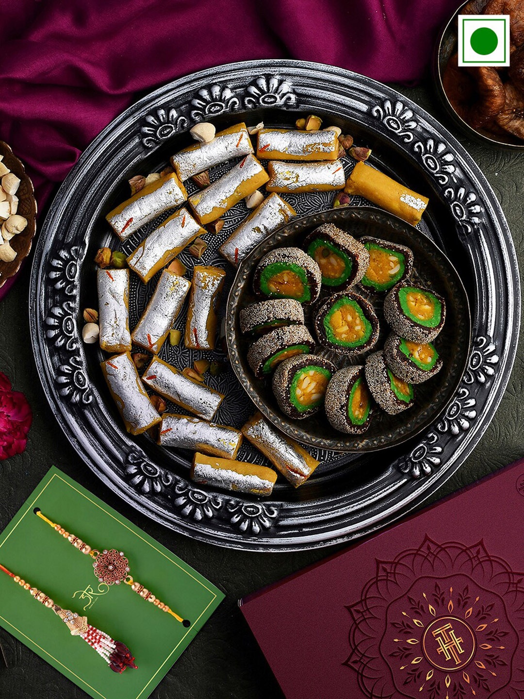 

RawFruit Set of 2 Bhai Bhabhi Rakhi & Sweet Savoury Gift Set, Gold