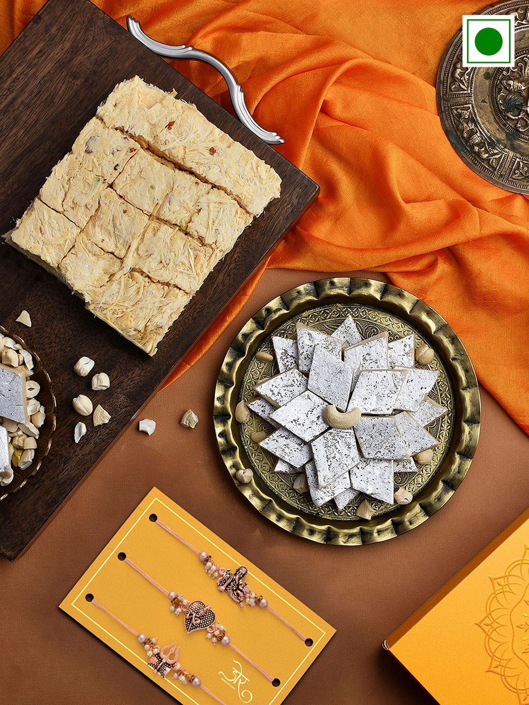 

RawFruit Set Of 3 Beaded Rakhis With Roli Chawal & Sweets Gift Set 200 gms Each, Rose gold