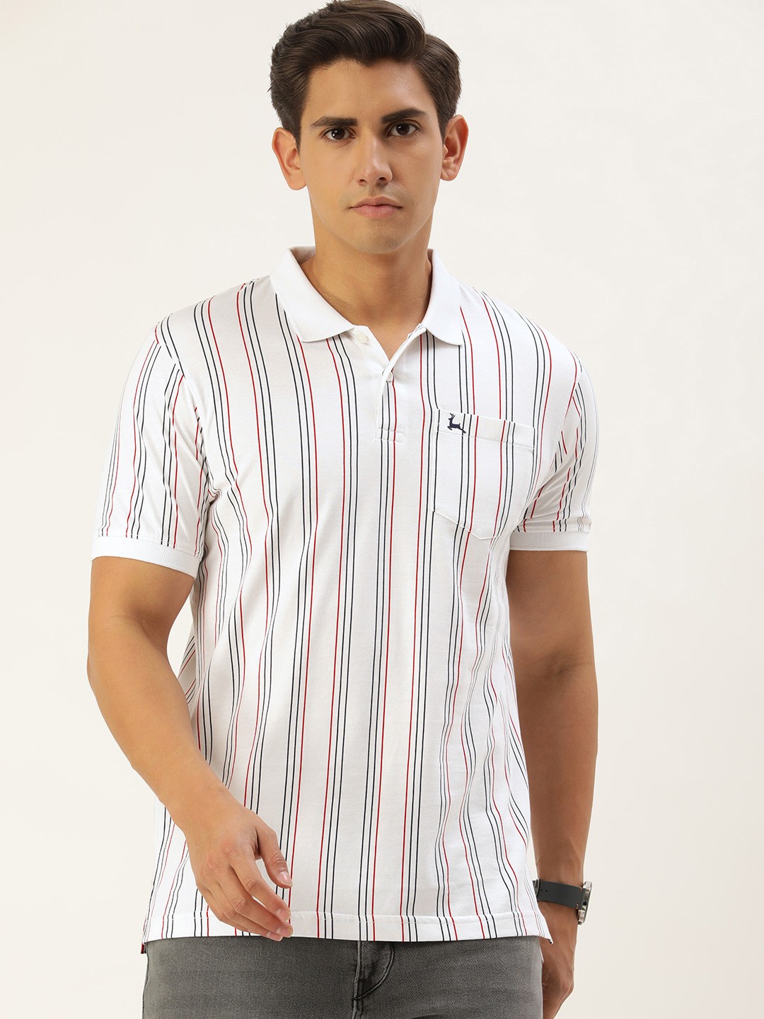 

Parx Striped Polo Collar Pure Cotton Chest Pocket T-shirt, White
