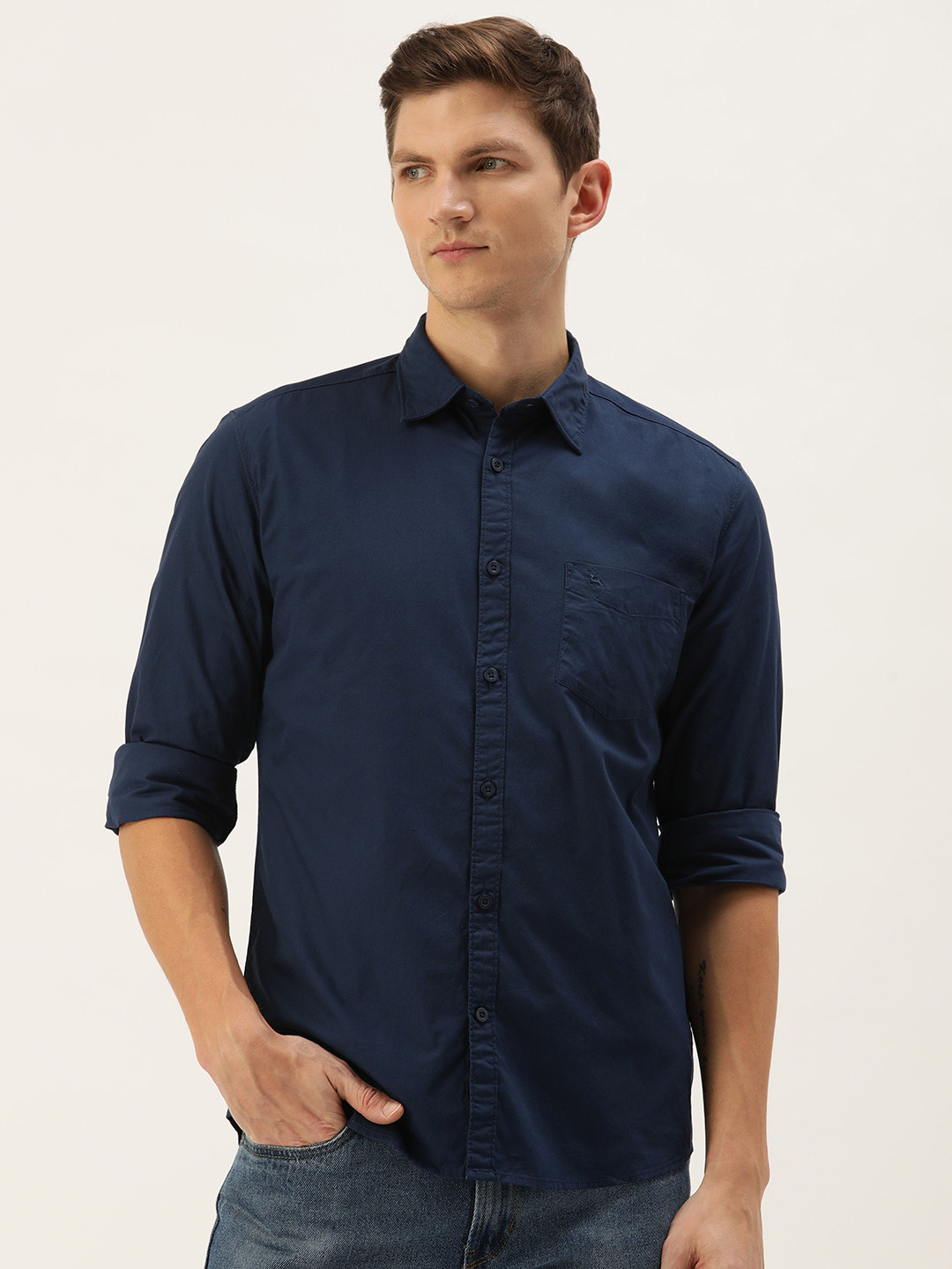 

Parx Men Pure Cotton Slim Fit Casual Shirt, Navy blue