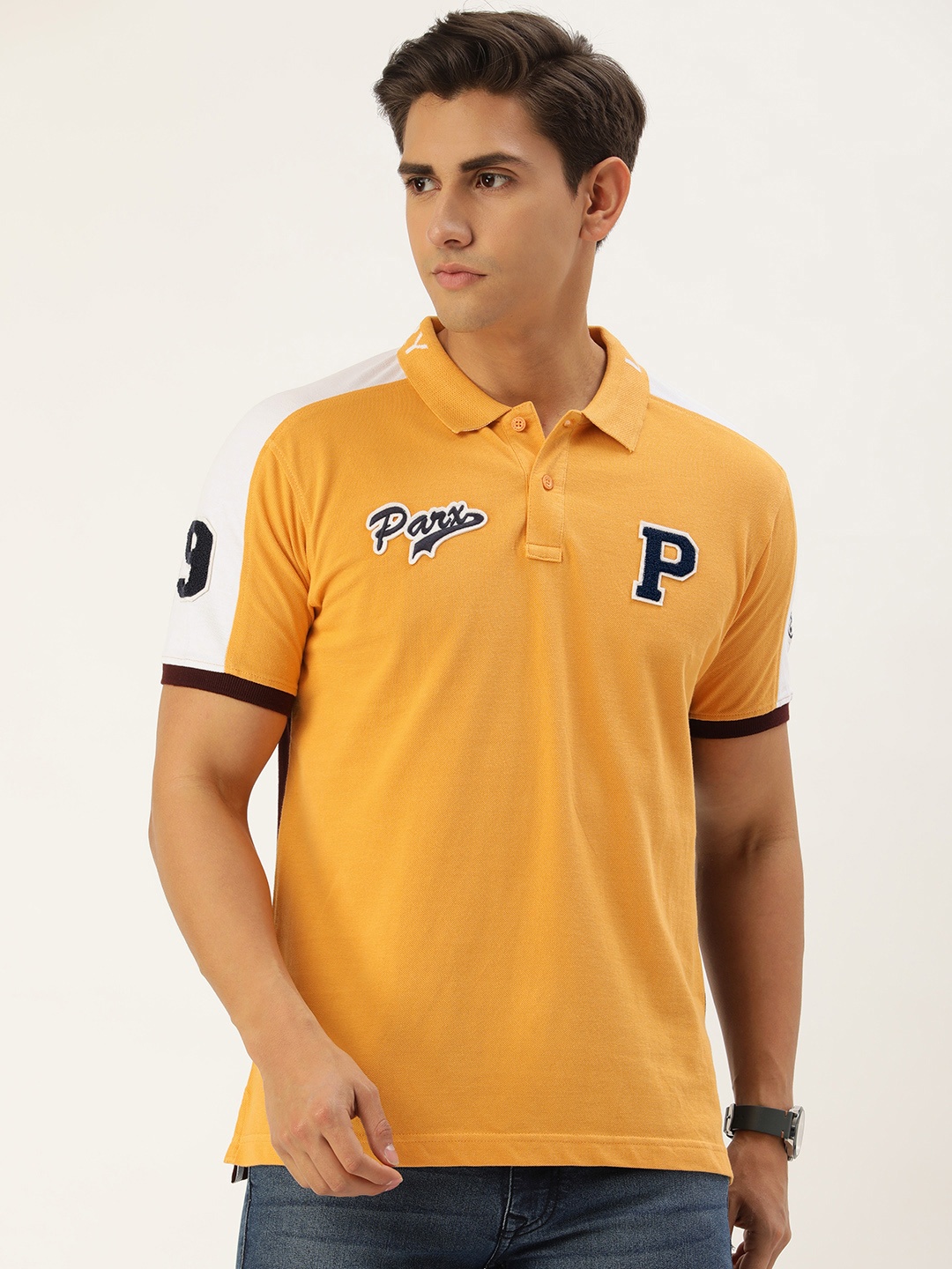 

Parx Colourblocked Polo Collar Pure Cotton With Applique Detail T-shirt, Mustard