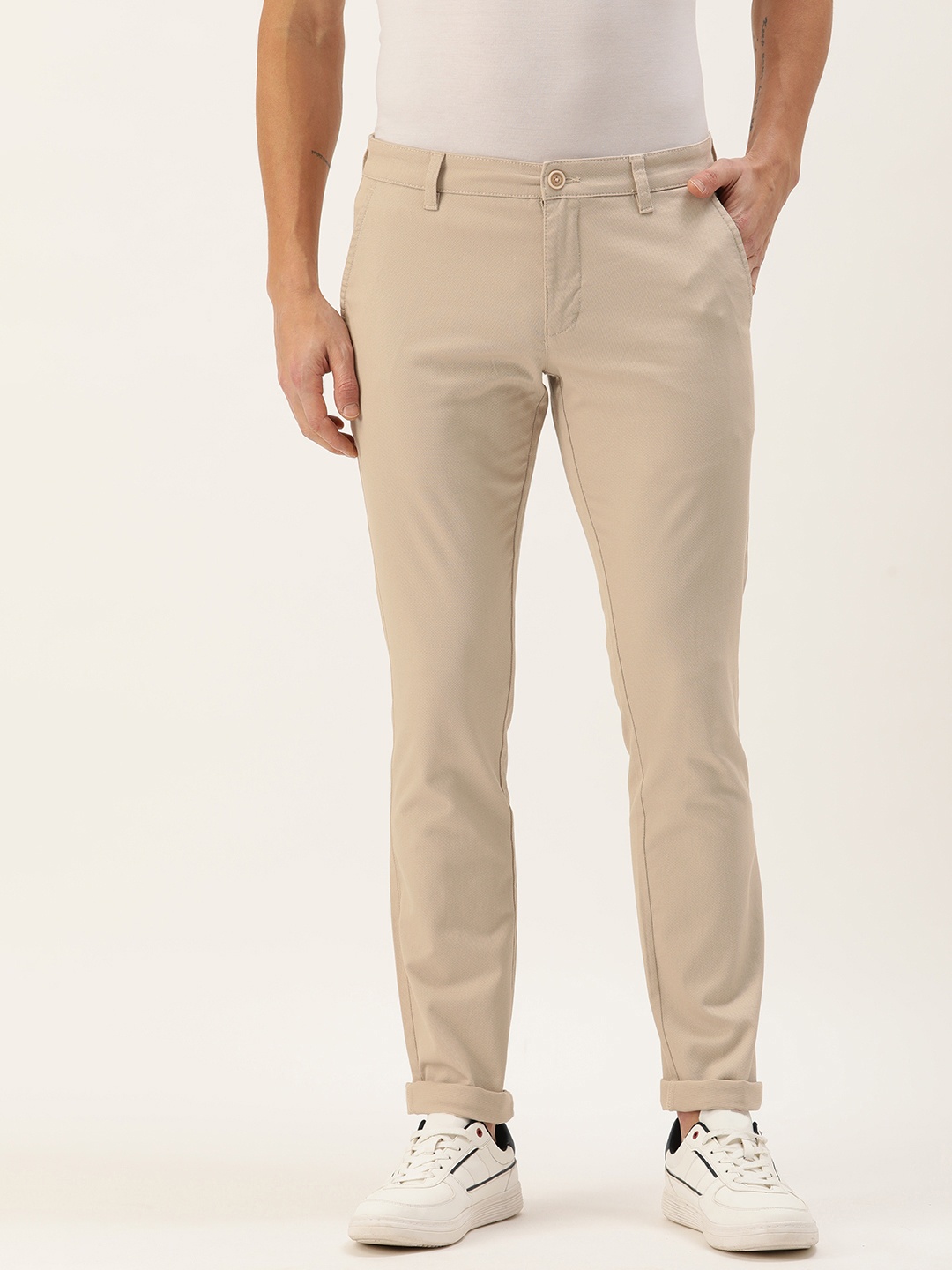 

Parx Men Textured Slim Tapered Fit Low-Rise Chinos, Beige