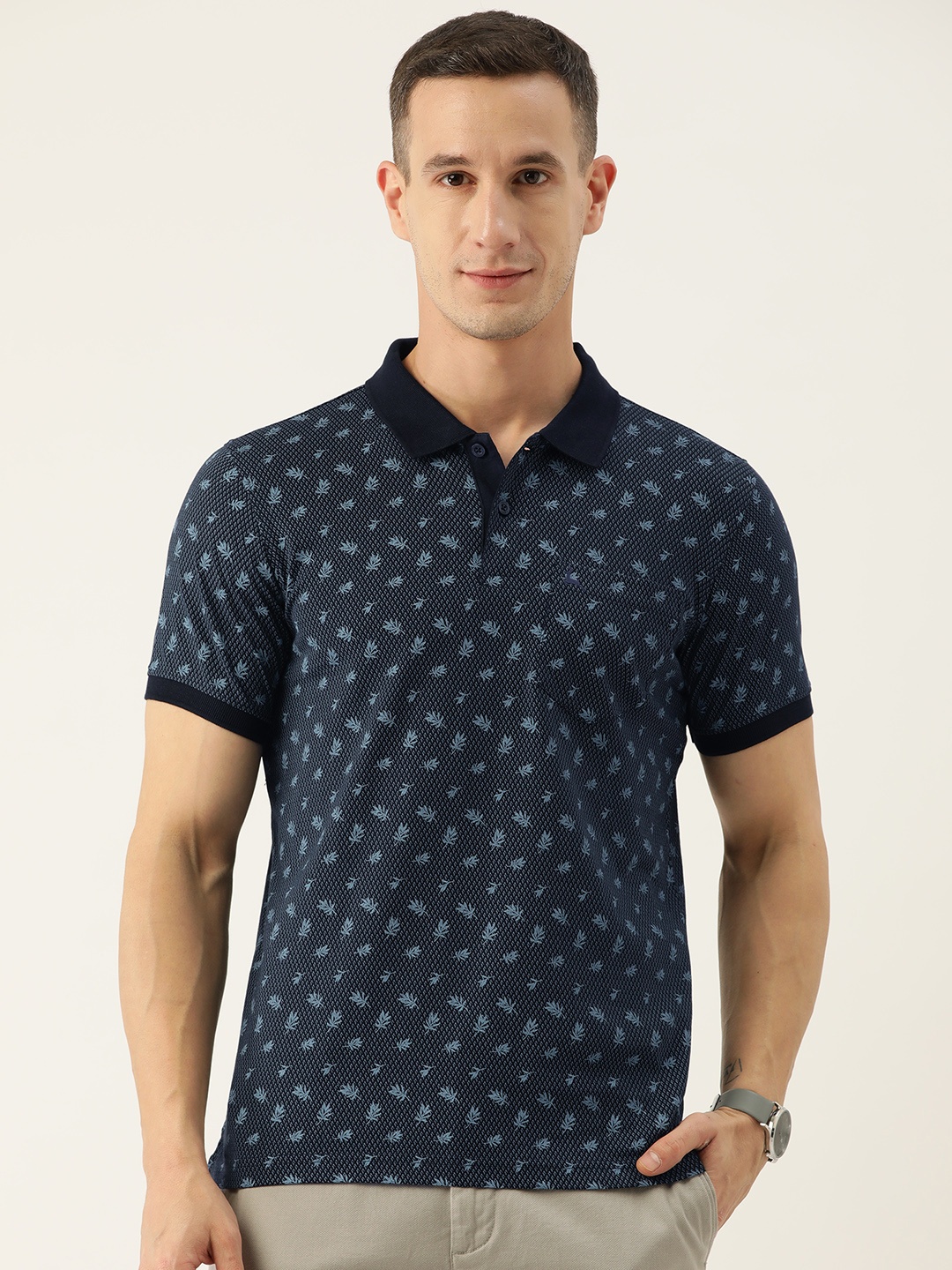 

Parx Floral Print Pure Cotton Polo Collar T-shirt, Blue