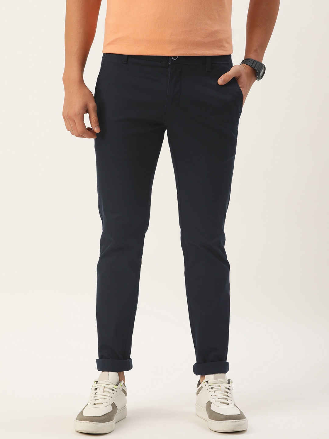 

Parx Men Solid Super Slim Fit Mid-Rise Chinos, Navy blue