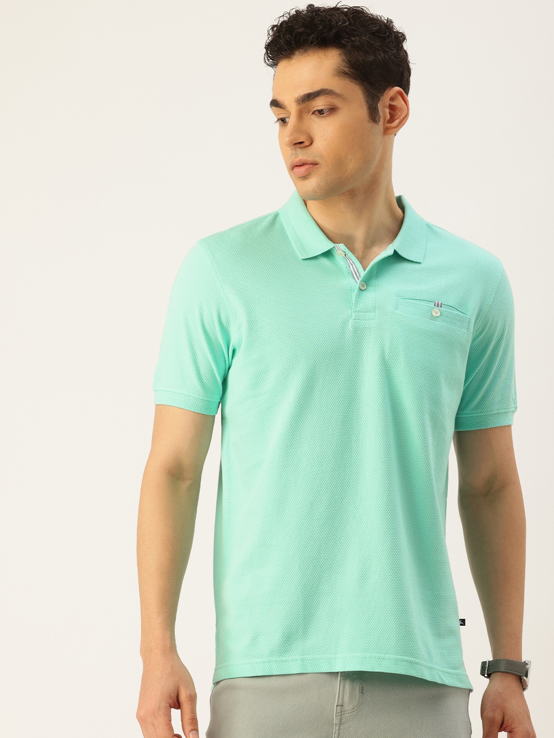 

Parx Self Design Polo Collar Popcorn Weave Pure Cotton T-shirt, Sea green