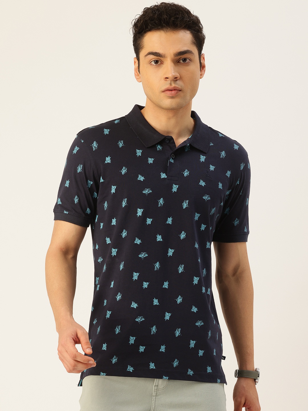 

Parx Pure Cotton Floral Printed Polo Collar T-shirt, Navy blue