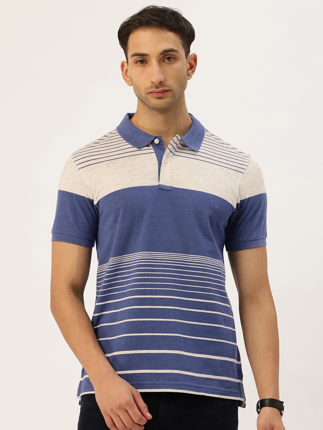 

Parx Colourblocked Striped Polo Collar T-shirt, Blue