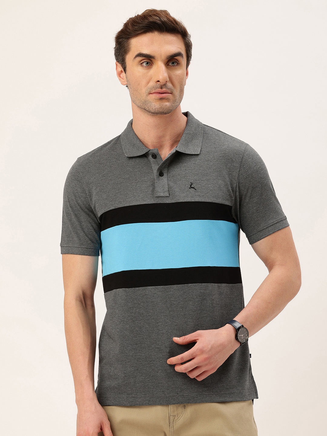 

Parx Striped Polo Collar Casual T-shirt, Grey