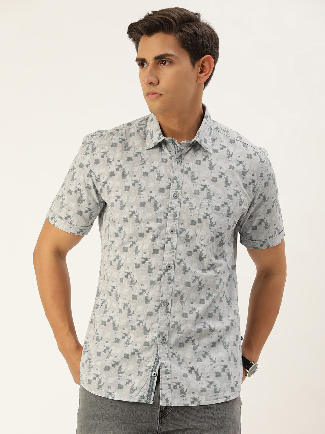 

Parx Men Slim Fit Pure Cotton Printed Casual Shirt, Grey