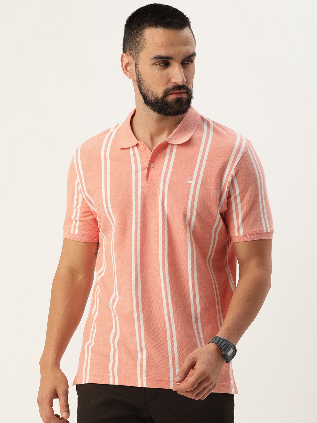 

Parx Striped Polo Collar Pure Cotton T-shirt, Peach