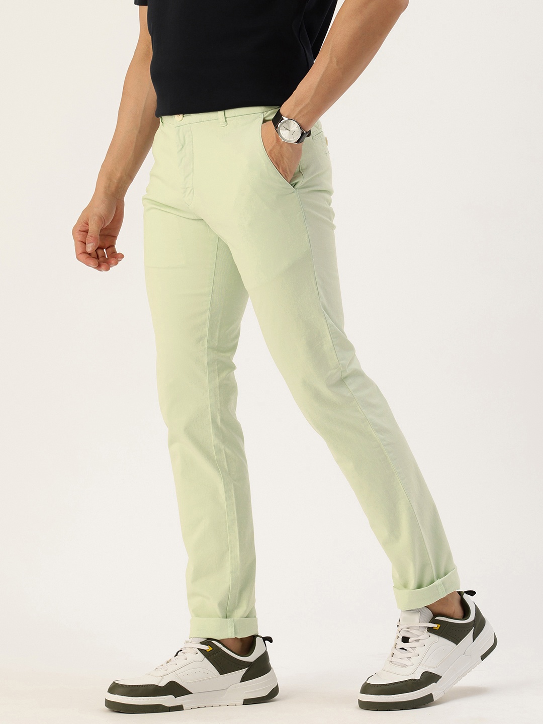 

Parx Men Tapered Fit Low-Rise Trousers, Green