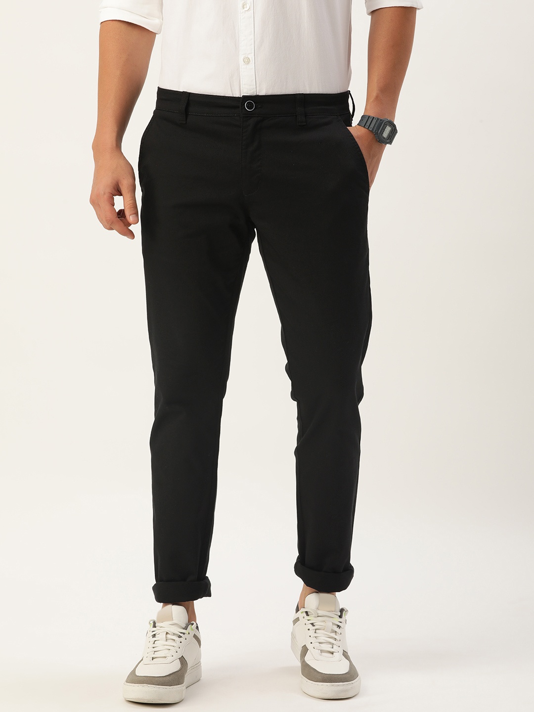 

Parx Men Textured Tapered Fit Low-Rise Trousers, Black