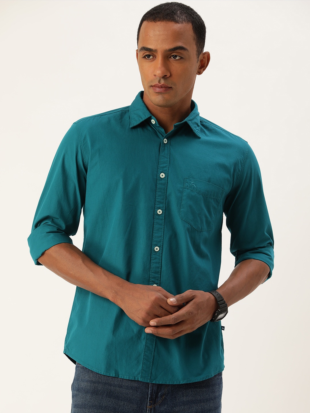 

Parx Solid Pure Cotton Slim Fit Opaque Casual Shirt, Teal