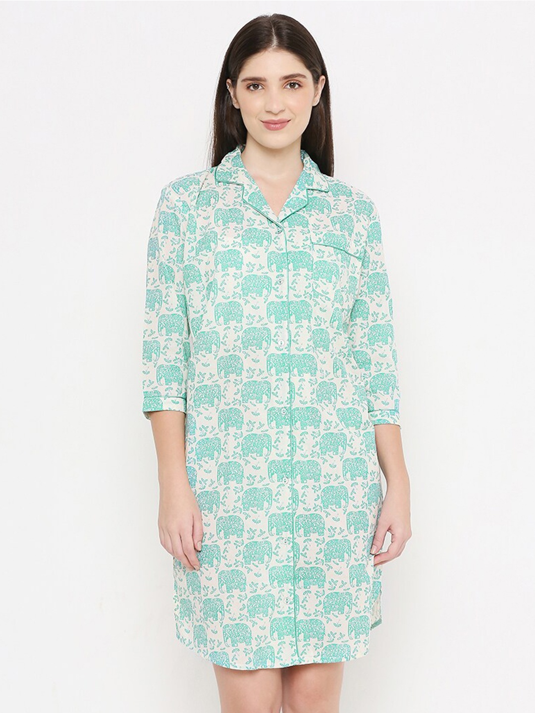 

Sand Dune Conversational Printed Pure Cotton Nightdress, Green