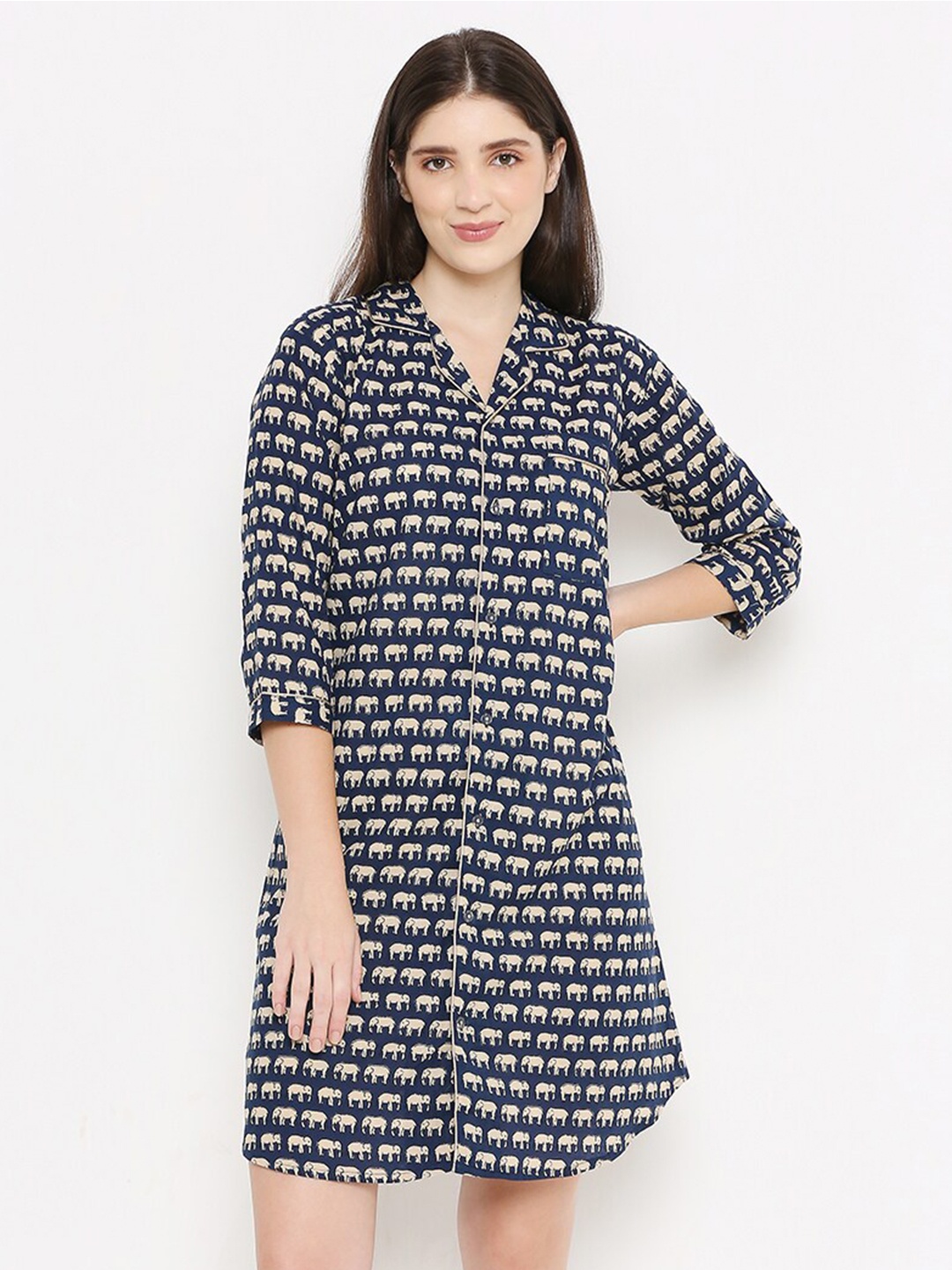 

Sand Dune Conversational Printed Pure Cotton Nightdress, Navy blue