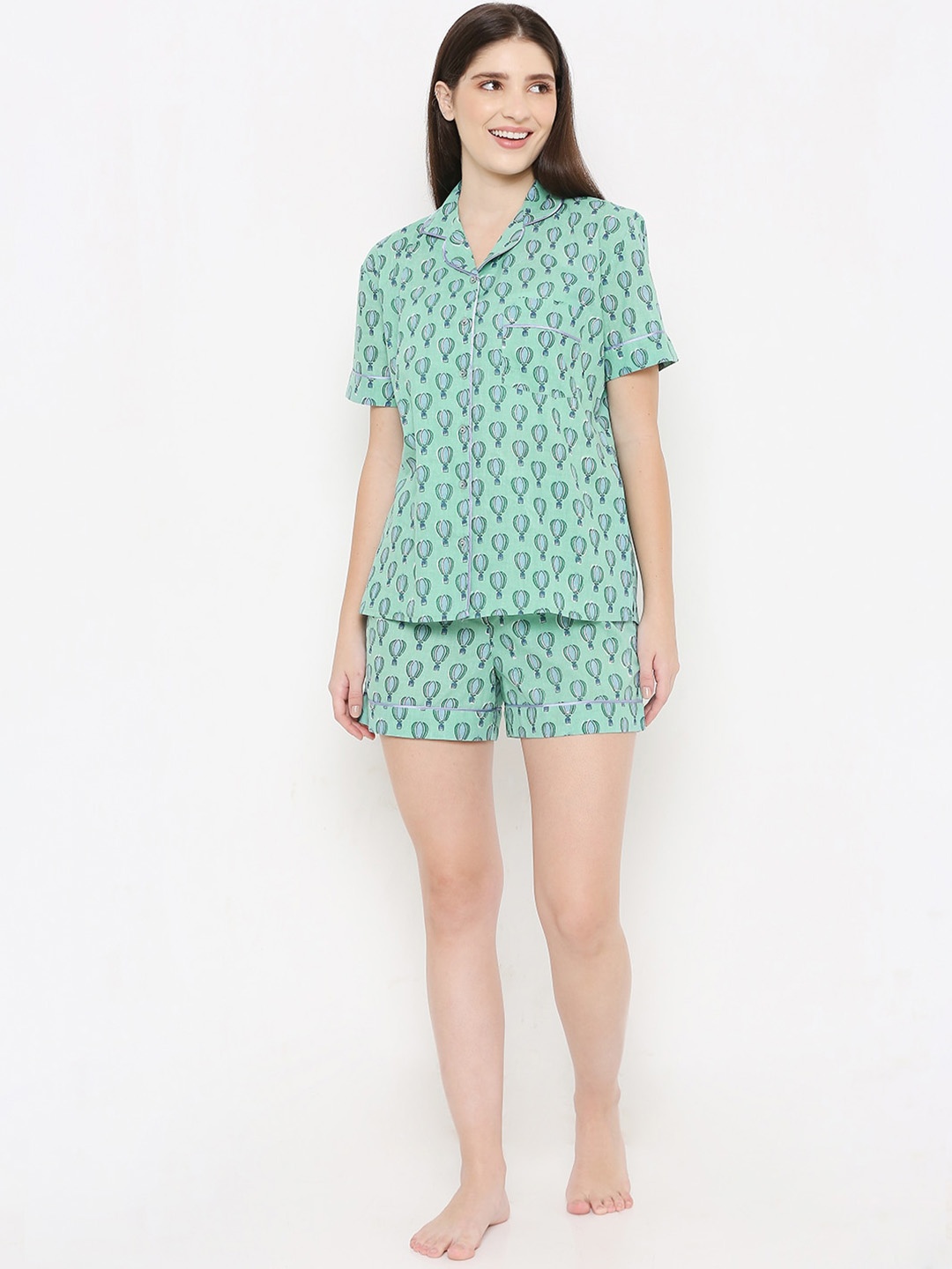 

Sand Dune Conversational Printed Pure Cotton Night Suit, Green