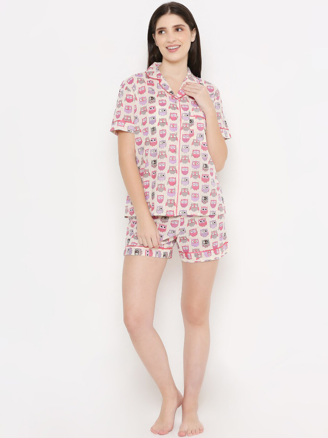 

Sand Dune Conversational Printed Pure Cotton Night Suit, Pink