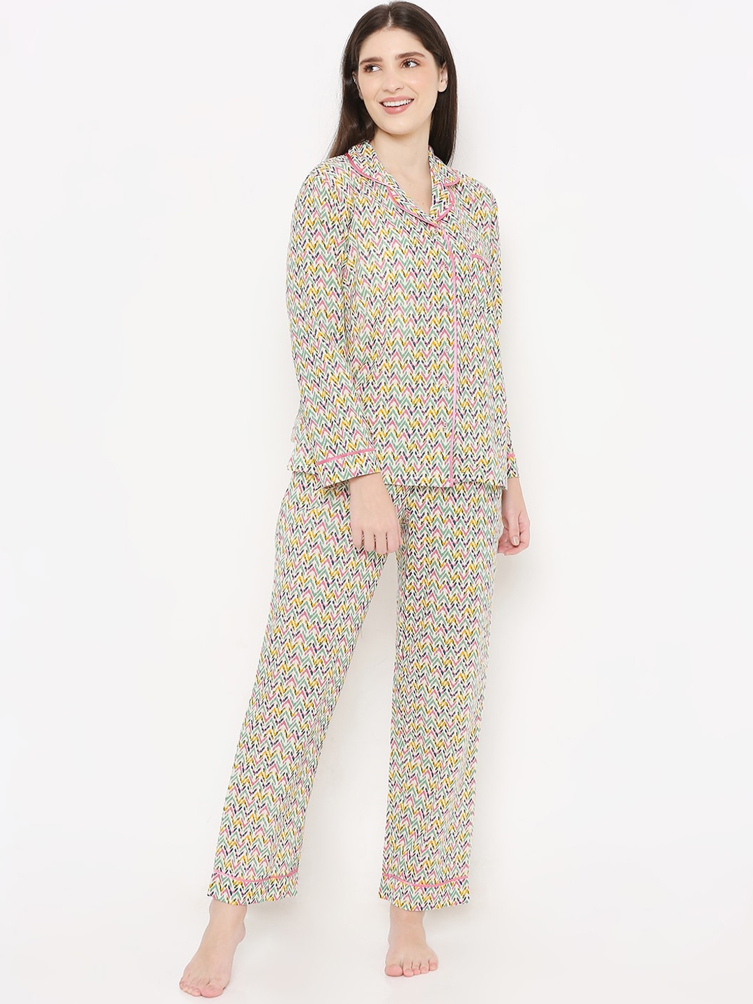 

Sand Dune Conversational Printed Pure Cotton Night Suit, Green