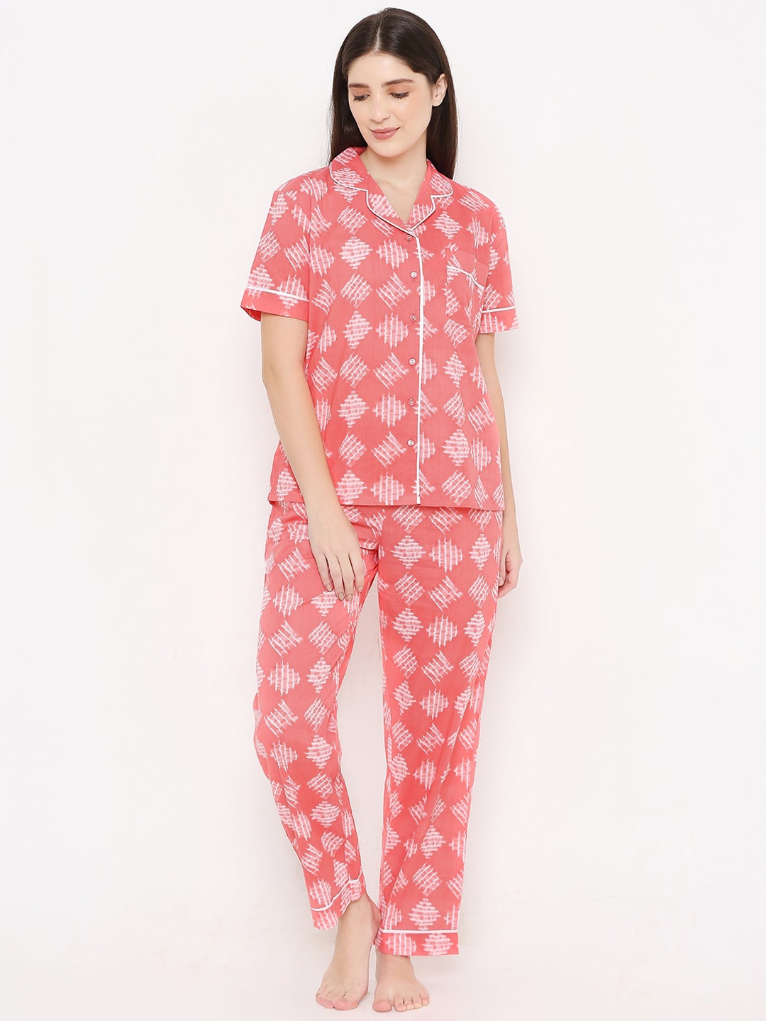 

Sand Dune Conversational Printed Pure Cotton Night Suit, Peach